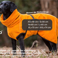 Ein schwarzer Hund mit orangen Dryup Cape Hundebademantel mit Groessemtabelle auf dem Bild