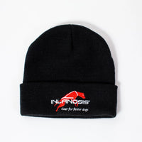 Eine schwarze Muetze oder Haube mit Inlandsis Logo