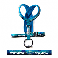 Blaues Zuggeschrir mit Husky Muster auf weißem Hintergrund