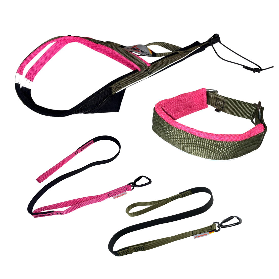 Sledwork Xback Active G3 Set Pink-Oliv – Zuggeschirr, Halsband & Zughundeleine