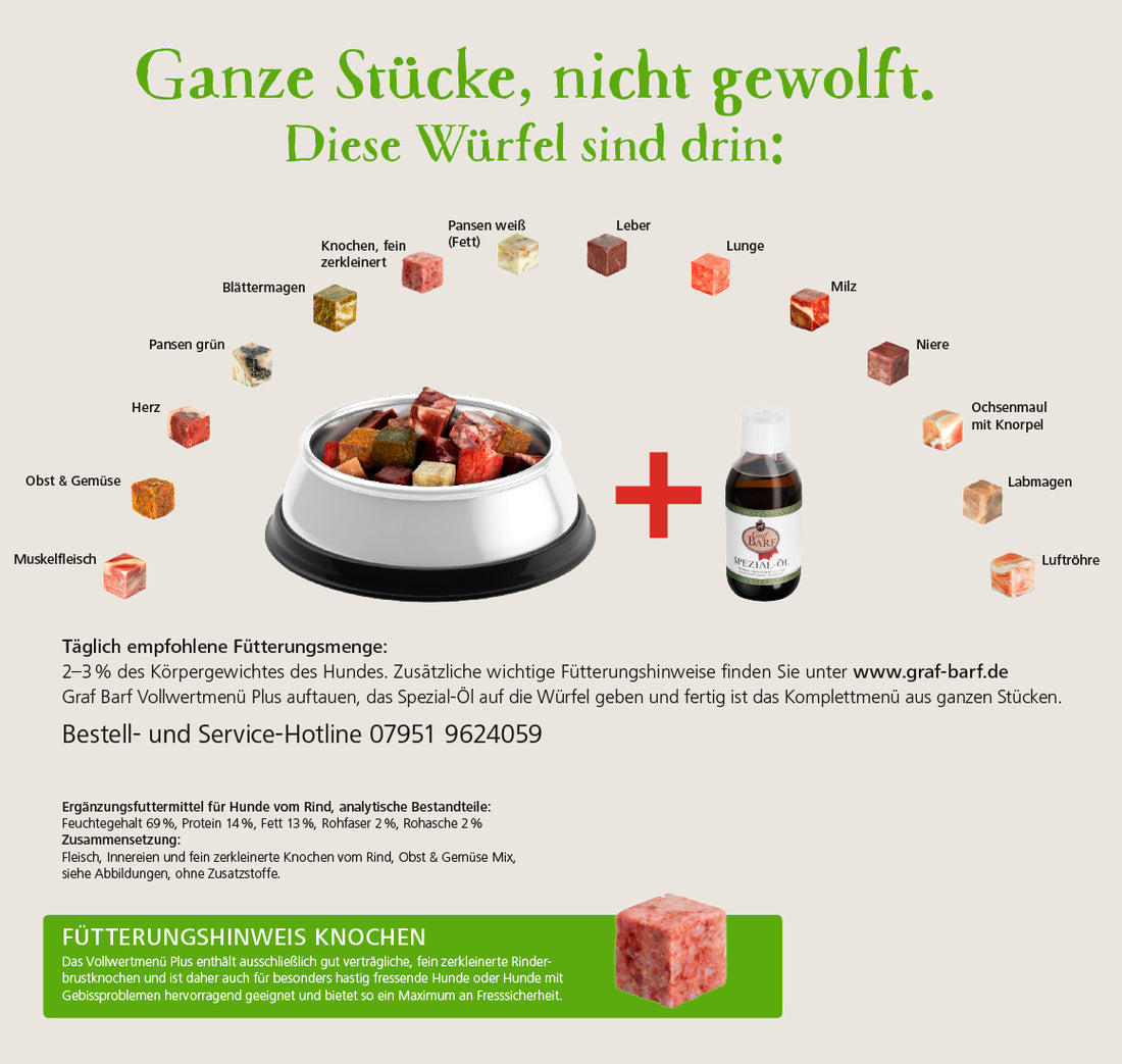 Graf Barf Vollwertmenü Plus Rind 2,5 Kg – Komplettmenü mit Obst & Gemüse Würfeln